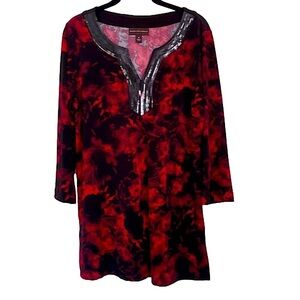 Red Flower Patterned Tunic Top Black Sequined  22” P2P 30” L Collarless Style